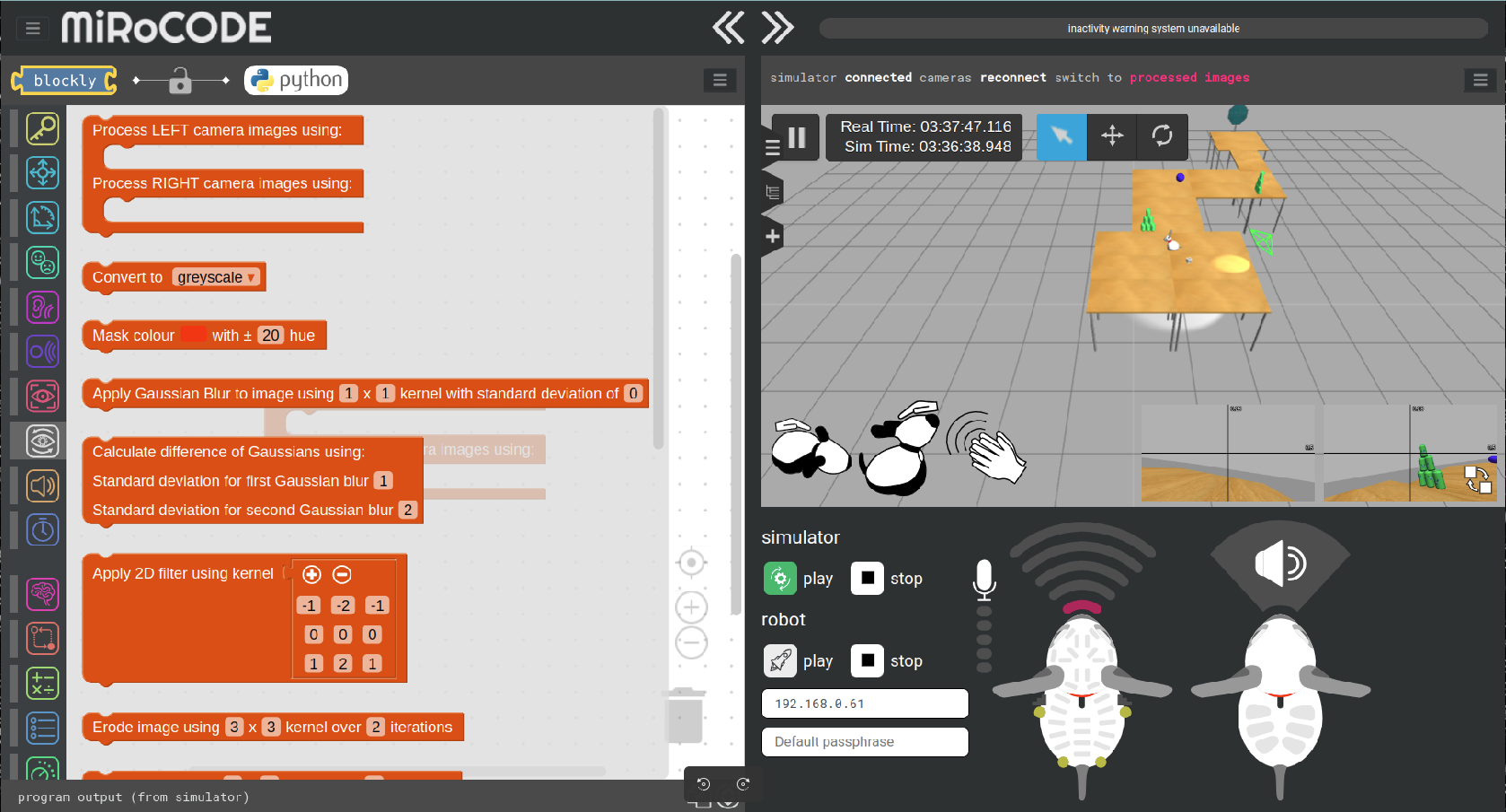 MiRoCode interface showing Blockly OpenCV blocks alongside a MiRo simulation